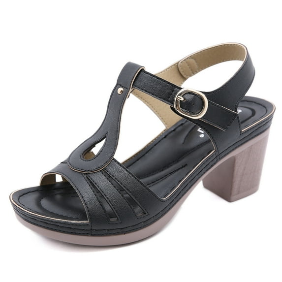 Fesfesfes Sandals Women Metal Buckle Stitching Sandals Thick High Heels Comfortable Oversized Sandals 7(39)