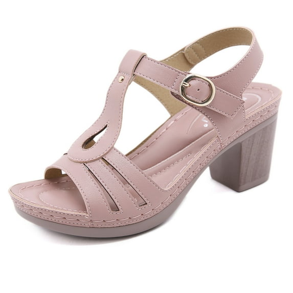 Fesfesfes Sandals Women Metal Buckle Stitching Sandals Thick High Heels Comfortable Oversized Sandals 7.5(40)