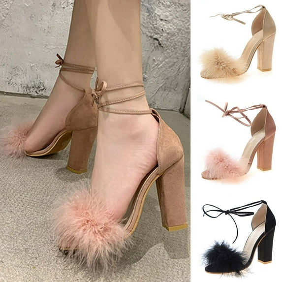 Fesfesfes Sandals Women's Summer Casual Peep Toe Sandals Lace-Up Solid Color High Heel Chunky Heel Shoes 9(42)