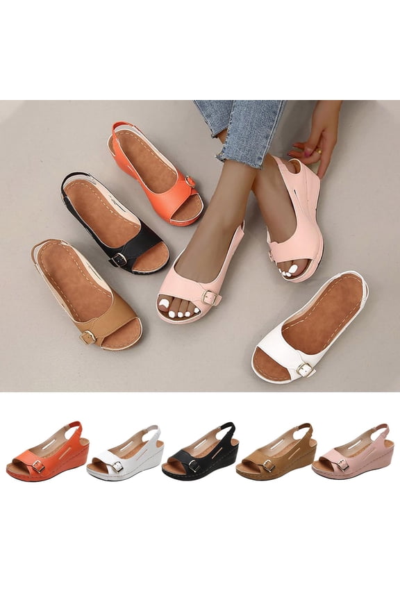 Sandals Women's Vintage Buckle Wedge Heel Open Toe Low Peep-Toe Roman Sandals 6.5(38)