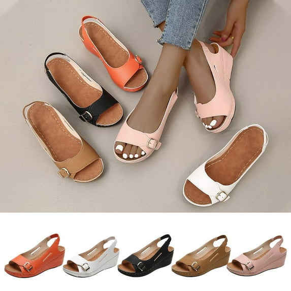 Fesfesfes Sandals Women's Vintage Buckle Wedge Heel Open Toe Low Peep-Toe Roman Sandals 7.5(40)