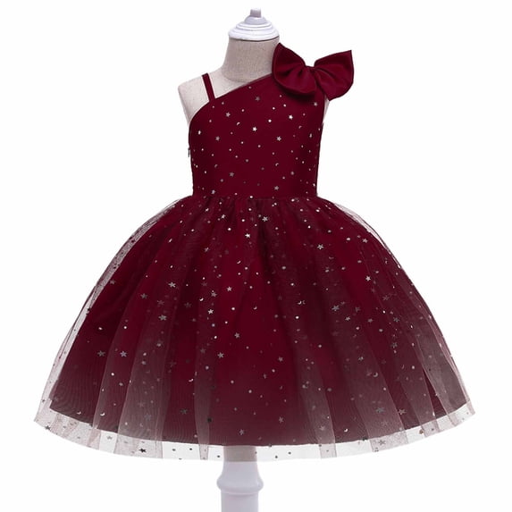 Fesfesfes Sequin Bow Dress for Girls Sleeveless One Shoulder Dress for Comfortable and Versatile Occasions 2-10 Years Casual Formal Princess Dresses(Hot Pink,3-4 Years)