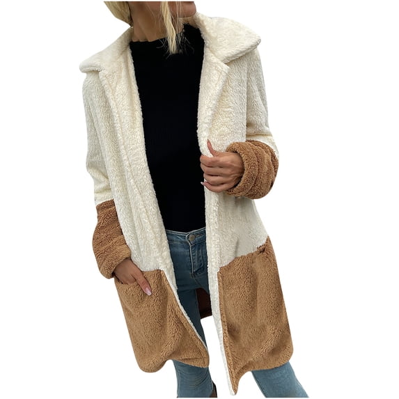 Fesfesfes Sexy Fashion Women Flannel Coat Patchwork Winter Lengthened Plush Long Sleeve Outwear Under $10