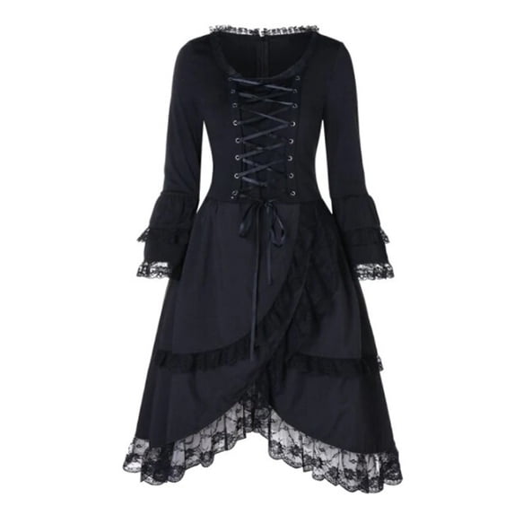 Fesfesfes Sexy Women Gowns Patchwork Skull Lace Splicing Long Sleeve Vintage Party Dress Clothes Sale