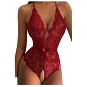 Fesfesfes Women Lingerie Lace Bowknot Bodysuit Open Crotch Temptation Underwear Sleepwear Jumpsuit Bodysuits Pajamas