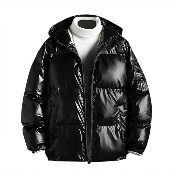 Fesfesfes Shiny Puffer Jacket for Men Causal Hooded Coat Reflective Down Jacket Winter Jacket