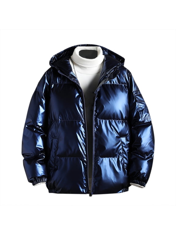Shiny Puffer Jacket for Men Causal Hooded Coat Reflective Down Jacket Winter Jacket