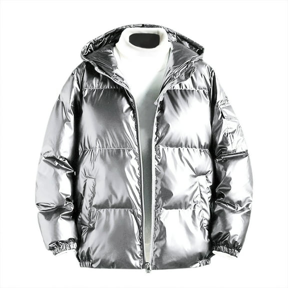 Fesfesfes Shiny Puffer Jacket for Men Causal Hooded Coat Reflective Down Jacket Winter Jacket