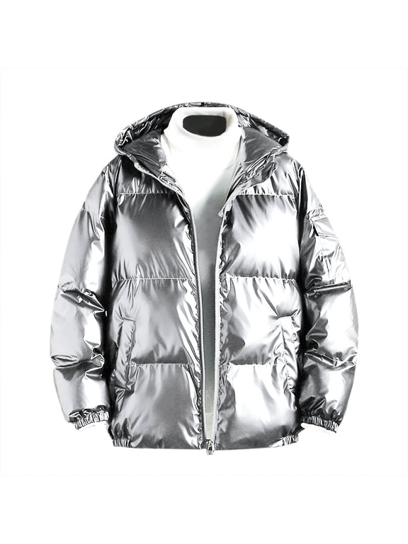 Shiny Puffer Jacket for Men Causal Hooded Coat Reflective Down Jacket Winter Jacket
