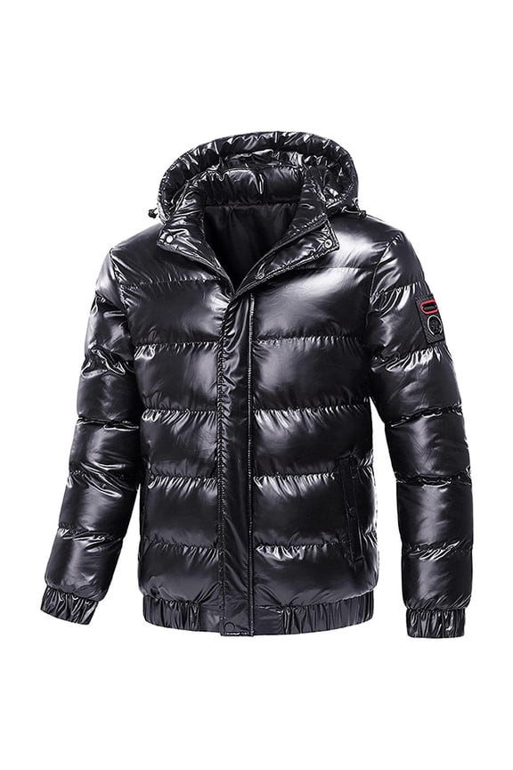 Shiny Puffer Jacket for Men Causal Hooded Coat Reflective Padded Jacket Winter Jacket