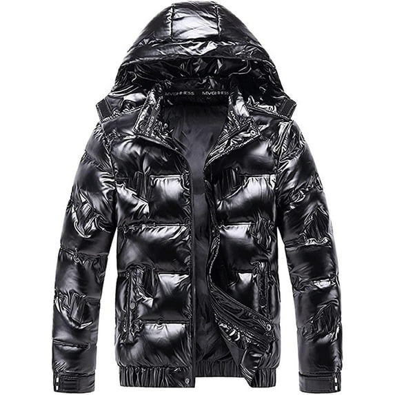 Fesfesfes Shiny Puffer Jacket for Men Causal Hooded Coat Solid Color Reflective Down Jacket Winter Jacket