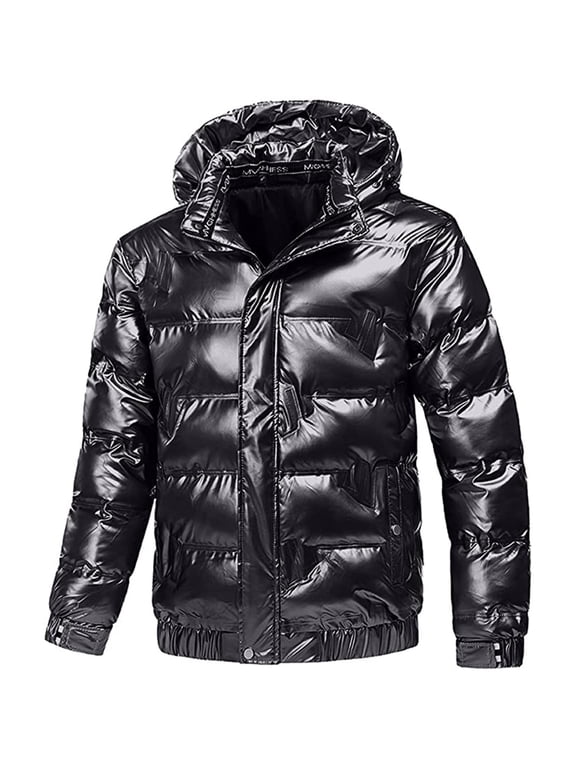 Shiny Puffer Jacket for Men Causal Hooded Coat Solid Color Reflective Down Jacket Winter Jacket