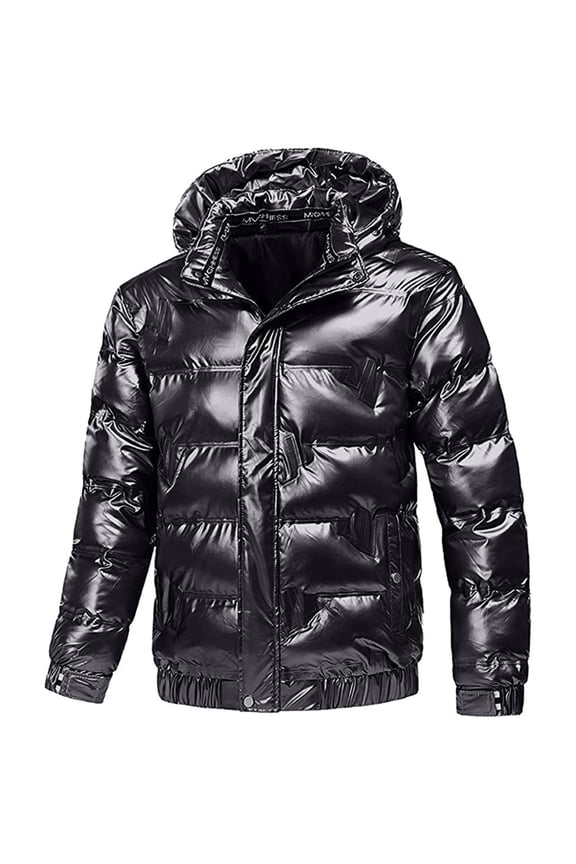 Shiny Puffer Jacket for Men Causal Hooded Coat Solid Color Reflective Down Jacket Winter Jacket