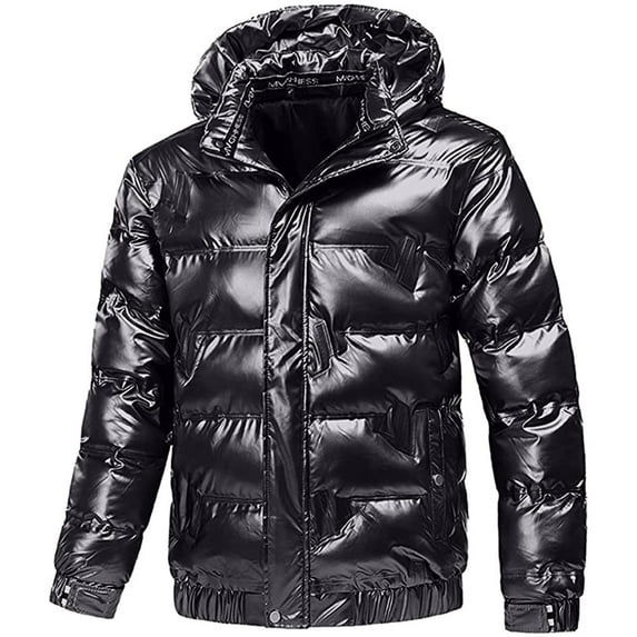 Fesfesfes Shiny Puffer Jacket for Men Causal Hooded Coat Solid Color Reflective Down Jacket Winter Jacket Under $10