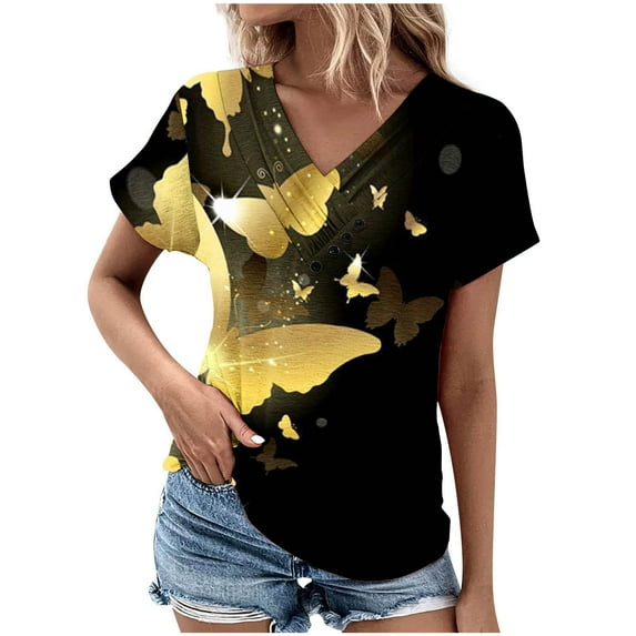 Fesfesfes Shirt Women's V-Neck Fashion Casual Short Sleeve Spring And Summer Top Ladies Tops 2XL(US:12)