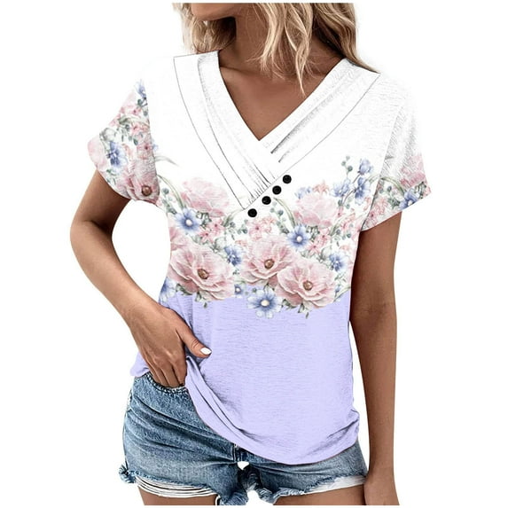 Fesfesfes Shirt Women's V-Neck Fashion Casual Short Sleeve Spring And Summer Top Ladies Tops 3XL(US:14)