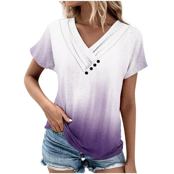 Fesfesfes Shirt Women's V-Neck Fashion Casual Short Sleeve Spring And Summer Top Ladies Tops M(US:6)