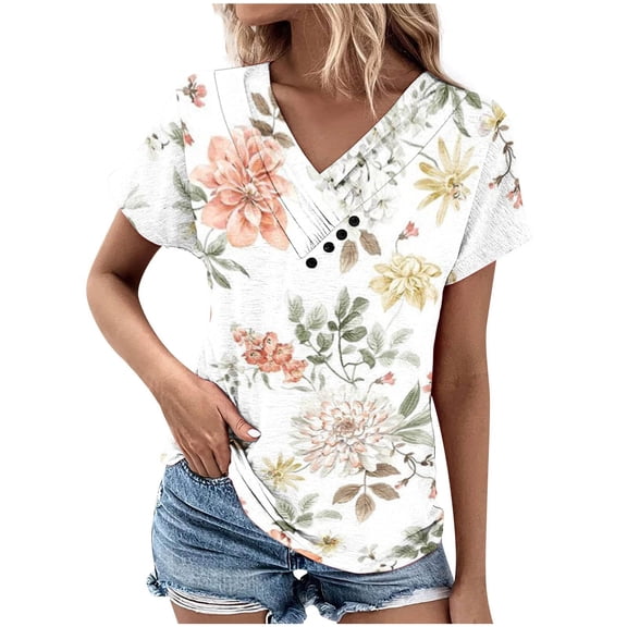 Fesfesfes Shirt Women's V-Neck Fashion Casual Short Sleeve Spring And Summer Top Ladies Tops S(US:4)