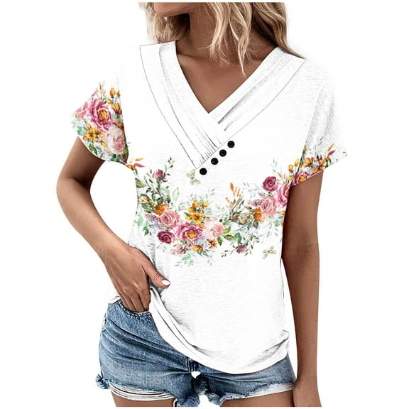 Fesfesfes Shirt Women's V-Neck Fashion Casual Short Sleeve Spring And Summer Top Ladies Tops S(US:4)