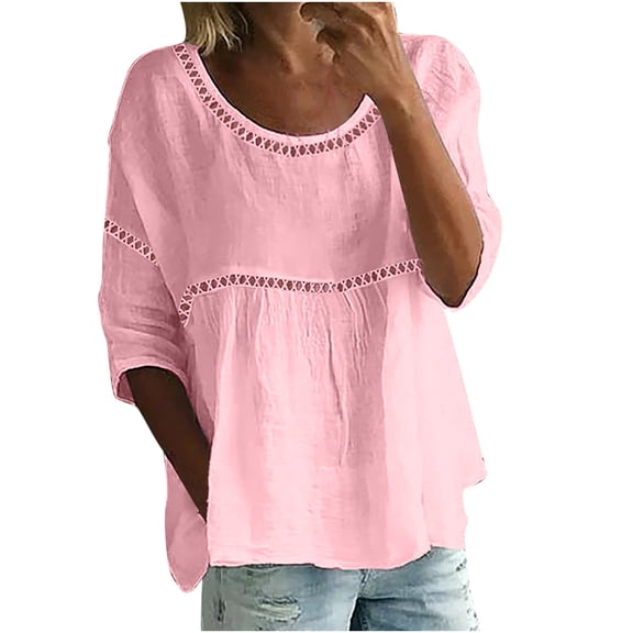 Fesfesfes Shirt Womens Spring And Summer Lace Fashion Round Neck Solid Color T-shirt Hollow Top Womens Short Sleeve Tees XS(US:2)