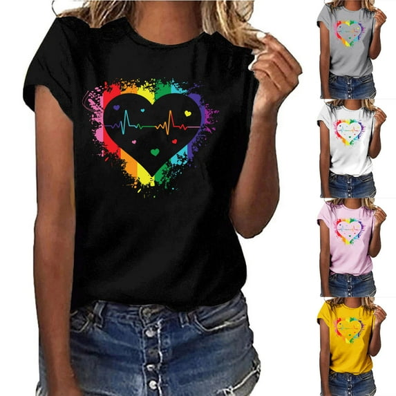 Fesfesfes Shirt for Women Valentine's Day Fashion Woman Causal Round-Neck Printing Blouse Short Sleeve T-Shirt Tops T Shirt Pack 12(XXL)