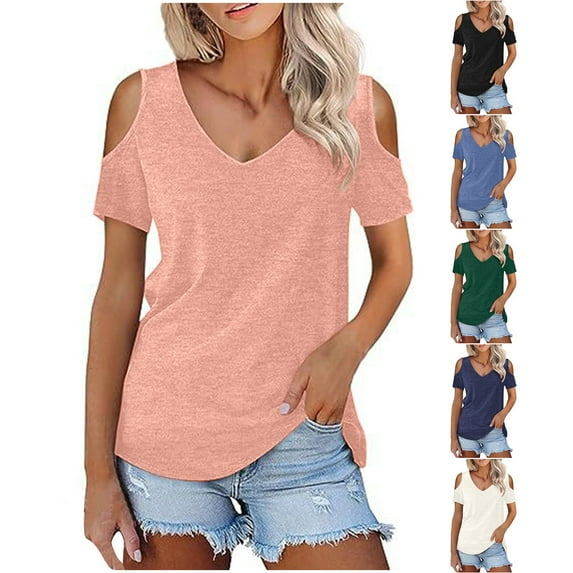 Fesfesfes Shirt for Women Women Casual Solid Short Sleeve Cold Shoulder Stitching Round Neck Pullover Blouse T-shirt Tops Womens Blouses XL(US:10)