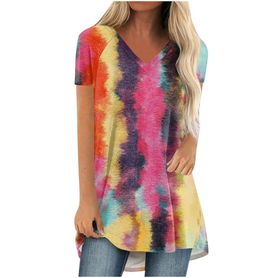 Fesfesfes Shirt for Women's Fashion Gradient Printed Blouse V-neck Short Sleeve Loose T-shirt Tops Womens Blouses And Tops Casual XL(US:10)