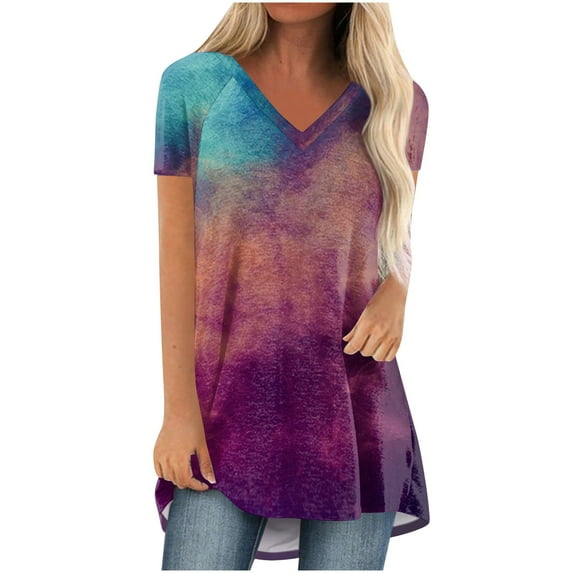Fesfesfes Shirt for Women's Fashion Gradient Printed Blouse V-neck Short Sleeve Loose T-shirt Tops Womens Blouses And Tops Casual XL(US:10)