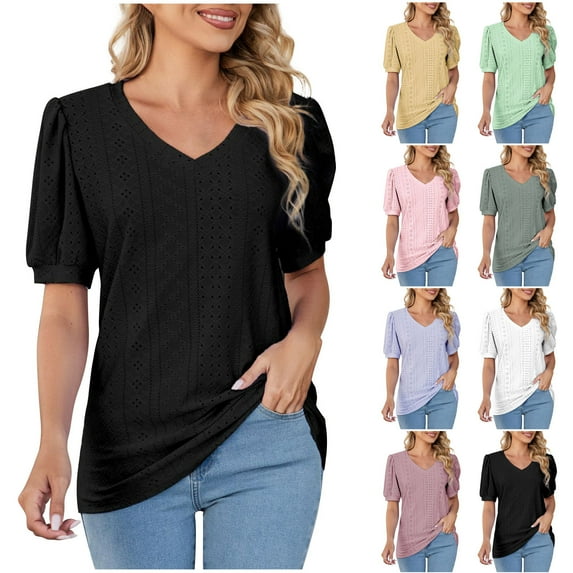 Fesfesfes Shirts Women Fashion Women Short Sleeve Comfortable Breathable V-Neck Blouses Shirt Tops Womens Basic Tops M(US:6)