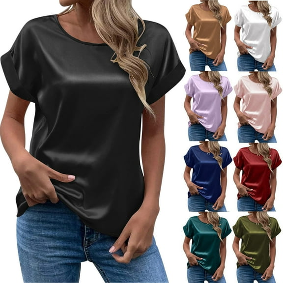 Fesfesfes Shirts for Women Fashion Womens Summer Round-Neck Solid Short Sleeve Top Blouse Lace Short Sleeve Tops for Women XS(US:2)