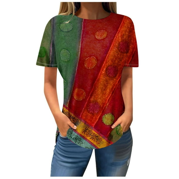 Fesfesfes Shirts for Women Women Casual Printed Short Sleeve Round-Neck Pullover Blouse T-shirt Tops T-Shirts for Women M(US:6)