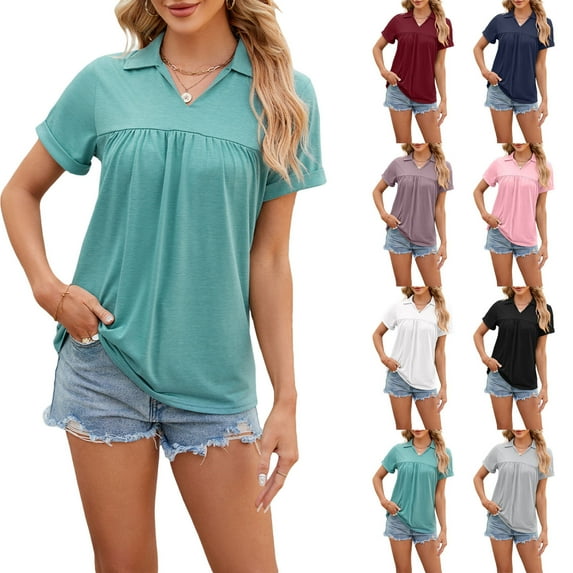 Fesfesfes Shirts for Women's Fashion Casual Solid Color Short Sleeve Stand-up Collar Blouse Shirt Loose Top S(US:4)