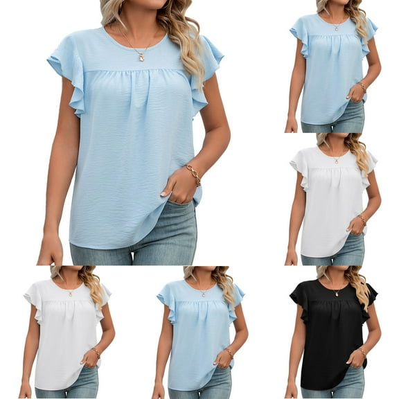 Fesfesfes Shirts for Women's Fashion Casual Spring And Summer Solid Color Round Neck Short Sleeve Blouse Tops Womens Workout Tops S(US:4)