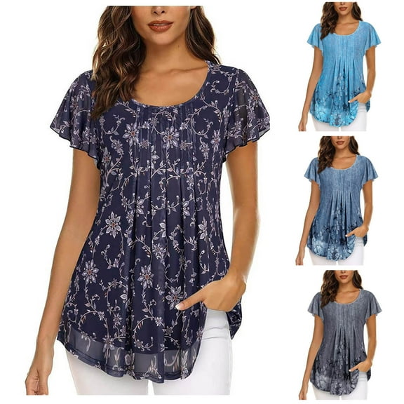 Fesfesfes Shirts for Womens Fashion Short Sleeve Retro Round Neck Printed Loose Tops Blouse Womens Short Sleeve Tops L(US:8)