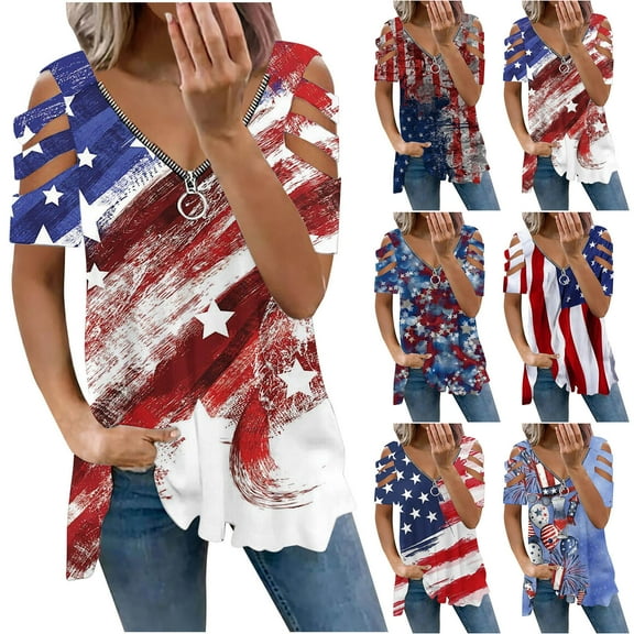 Fesfesfes Short Sleeve Athletic Shirt Women Womens V-neck Collar Zipper Color Short Sleeve Fold Casual Blouse Tops Ladies T Shirts Short Sleeve 6(M)