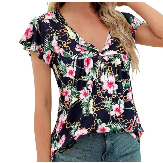 Fesfesfes Short Sleeve Shirt Women Plus Size Wome Fold Sleeve Printed Round-Neck Tee Shirts Womens 4(S)