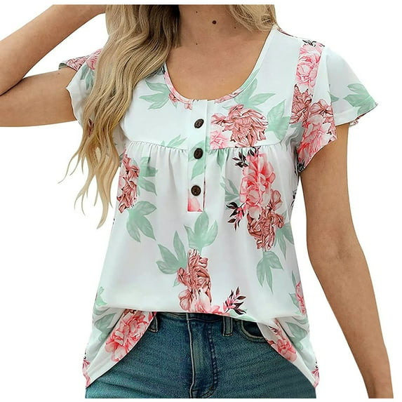 Fesfesfes Short Sleeve Shirt Women Plus Size Wome Fold Sleeve Printed Round-Neck Tee Shirts Womens 4(S)