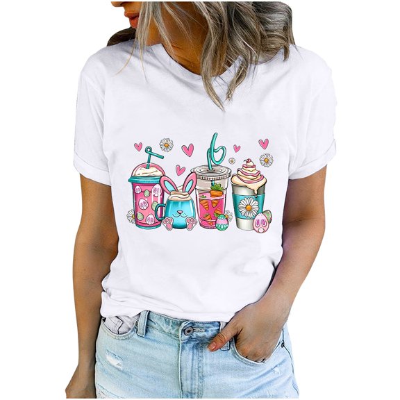 Fesfesfes Short Sleeve Shirt Women's Round Neck Printed T-shirt Fashion And Comfortable Women's T Shirts Short Sleeve 2XL(US:12)