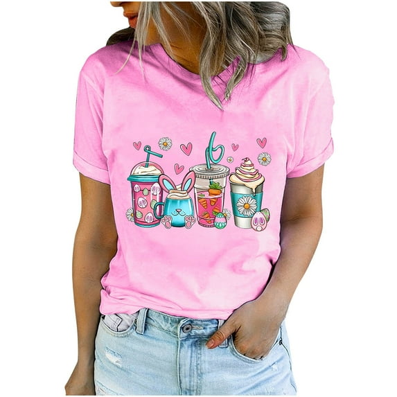 Fesfesfes Short Sleeve Shirt Women's Round Neck Printed T-shirt Fashion And Comfortable Women's T Shirts Short Sleeve 3XL(US:14)