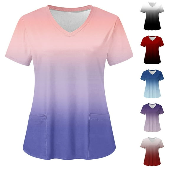 Fesfesfes Short Sleeve Top for Women's Fashion Short Sleeve V-Neck Tops Working Uniform Printing Pocket Blouse Tops Women Tops And Blouses 10(XL)