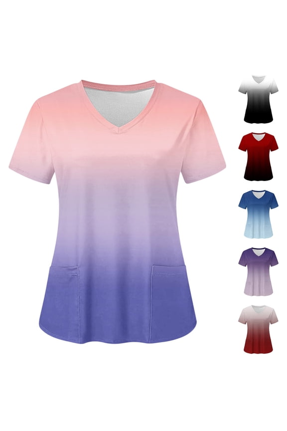 Short Sleeve Top for Women's Fashion Short Sleeve V-Neck Tops Working Uniform Printing Pocket Blouse Tops Women Tops And Blouses 10(XL)
