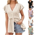 thumbnail image 1 of Fesfesfes Short Sleeve Tops for Women Women's Hollowed Out Tucked Waist Peplum Sleeve Shirt Top Short Sleeve Short Sleeve V-neck Top/blouse T-Shirts for Women 4(S), 1 of 7