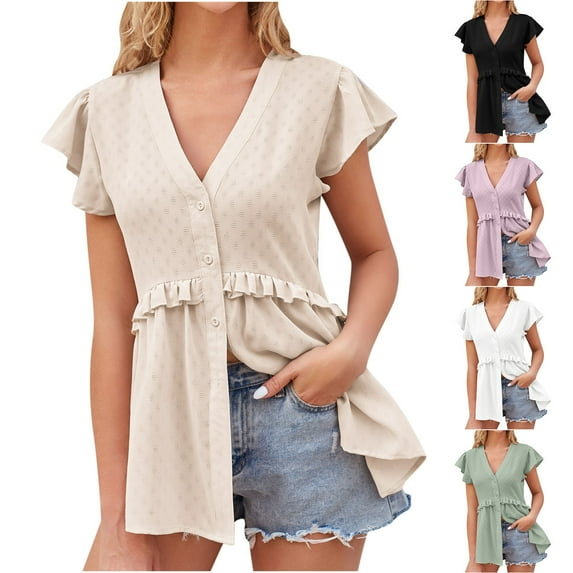 Fesfesfes Short Sleeve Tops for Women Women's Hollowed Out Tucked Waist Peplum Sleeve Shirt Top Short Sleeve Short Sleeve V-neck Top/blouse T-Shirts for Women 4(S)