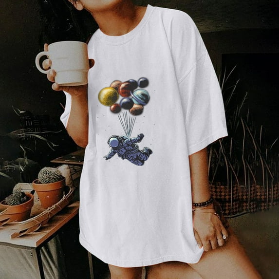 Fesfesfes Short Sleeve Tops for Womens Loose Dropped Shoulder Tshirt Printing Tops Vintage Pullover Tunic Tops Under $10