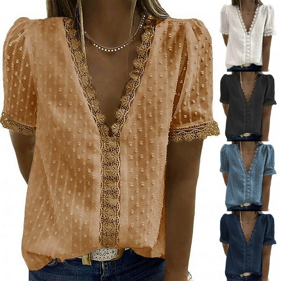 Fesfesfes Short Tshirts for Women Fashion Womens Summer V-Neck Lace Patchwork Short Sleeve Top Blouse Womens Casual Tops S(US:4)