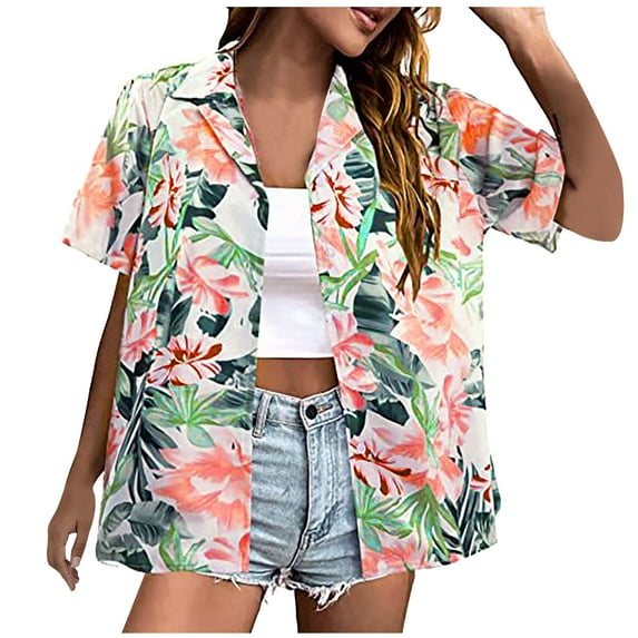 Fesfesfes Short Tshirts for Women's Casual Printed Button-Down Shirt Beach Holiday Cardigan Short Sleeve Lapel Top/Shirt 10(XL)