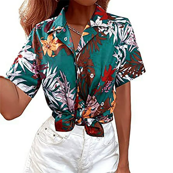 Fesfesfes Short Tshirts for Women's Casual Printed Button-Down Shirt Beach Holiday Cardigan Short Sleeve Lapel Top/Shirt 6(M)
