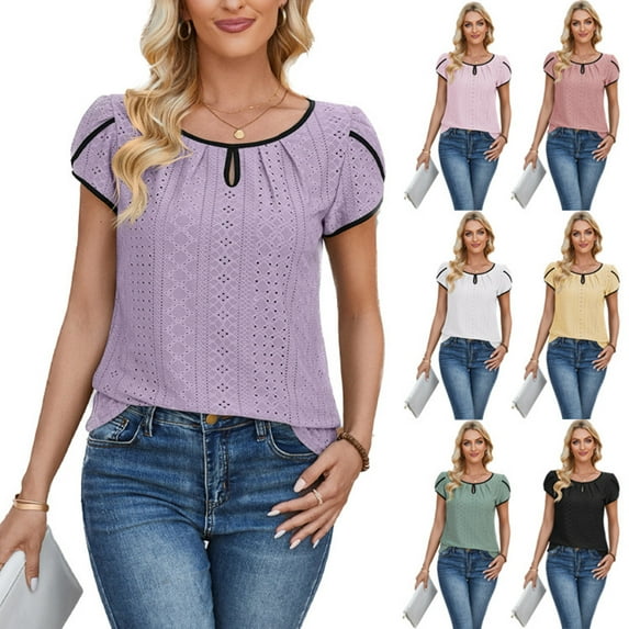 Fesfesfes Short Tshirts for Women's Casual Round Neck Sleeve Patchwork Solid Color Loose T-Shirt Top T Shirt Pack L(US:8)