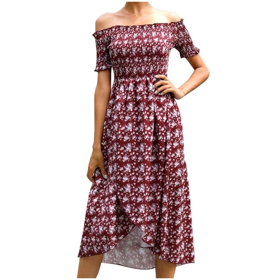 Fesfesfes Off Shoulder Spring Dresses for Women Floral Print Short Sleeve Dress Pleated Tube Top Midi Dress Beach Sun Dress Ruffled Cut Knee Length Dress