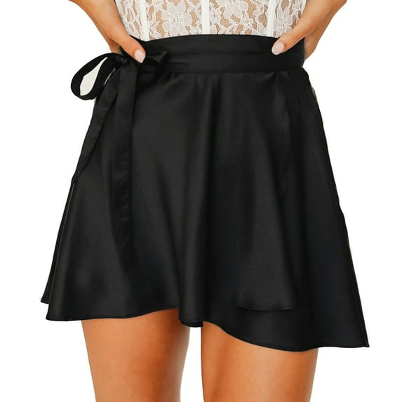Fesfesfes Skirts for Women Casual Solid High Waist Satin Lace-up Short Skirt